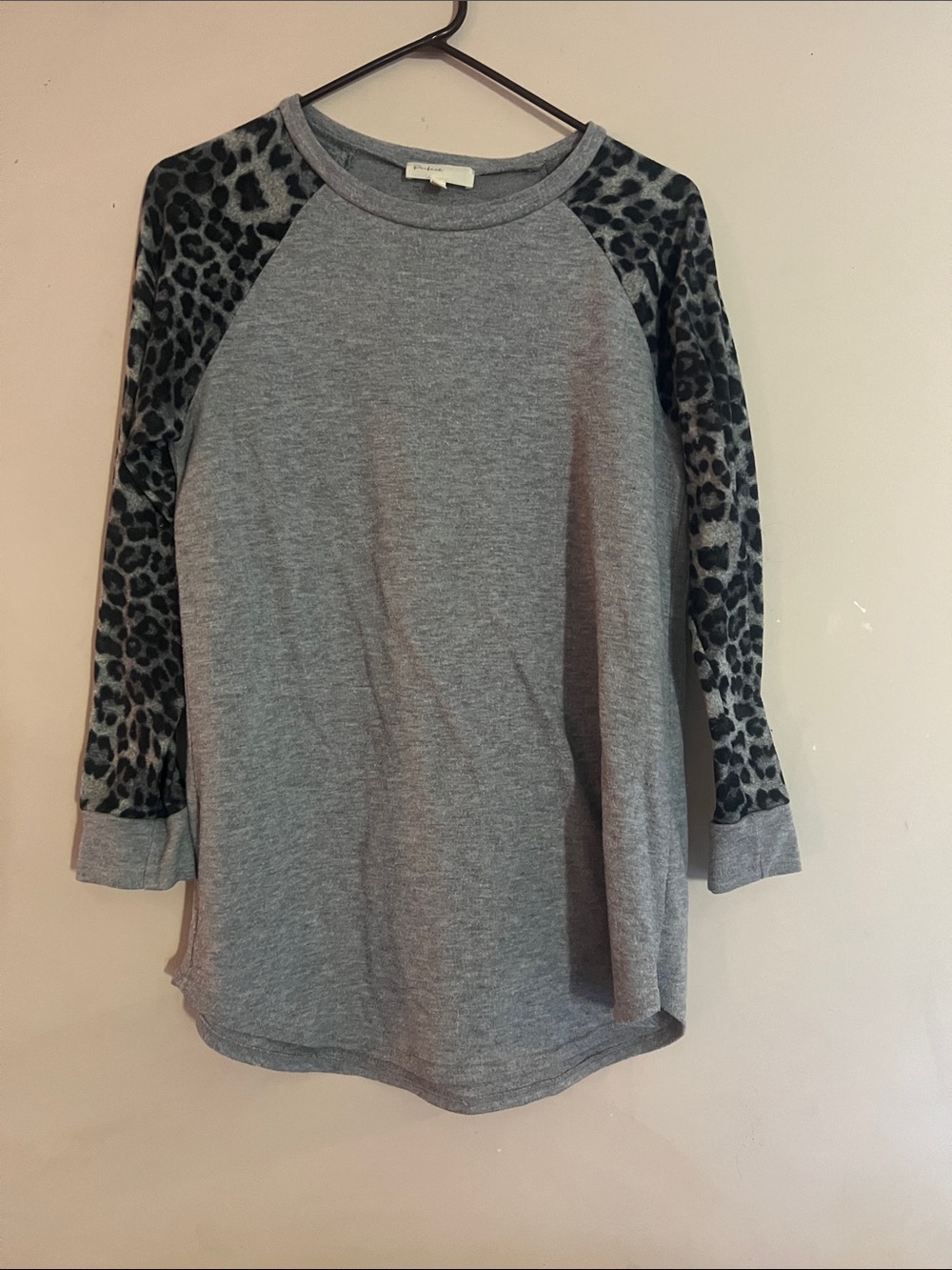 Grey Raglan Top with Leopard Print Sleeves